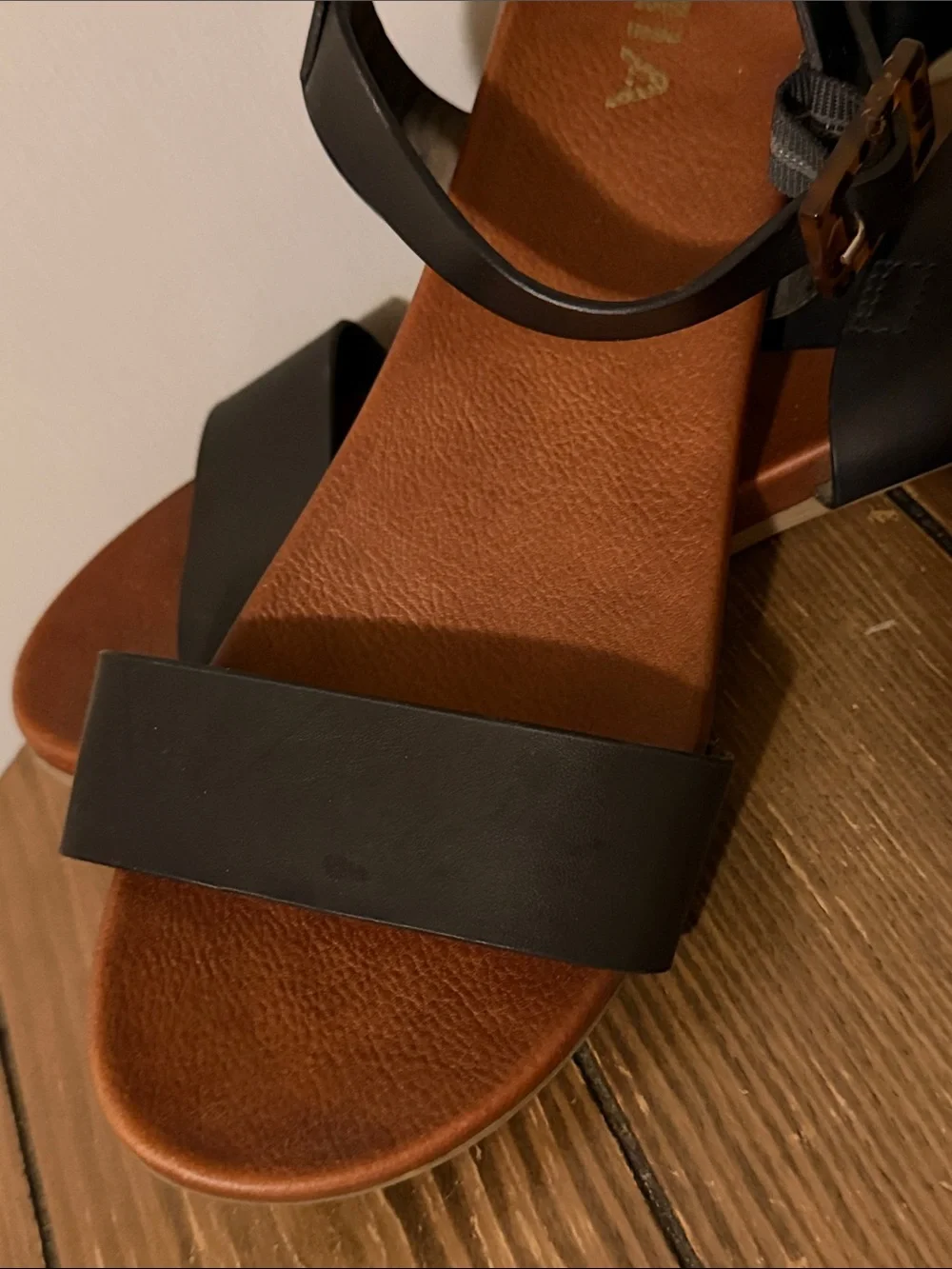 MIA Black Strap Brown Footbed Ankle Buckle Sandals